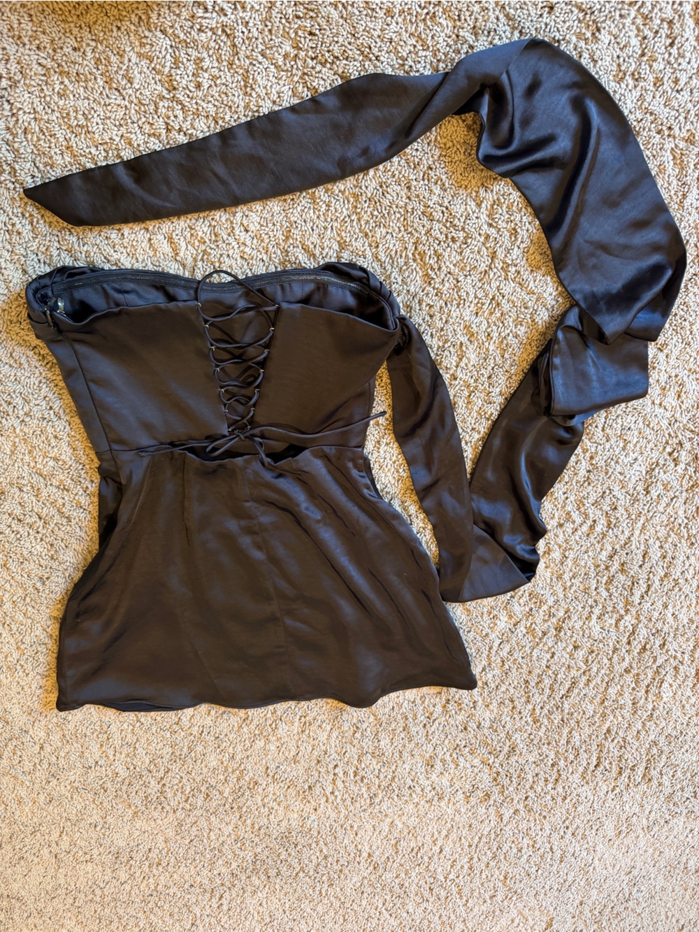 Black Satin Strapless Corset Top with Lace-Up Back